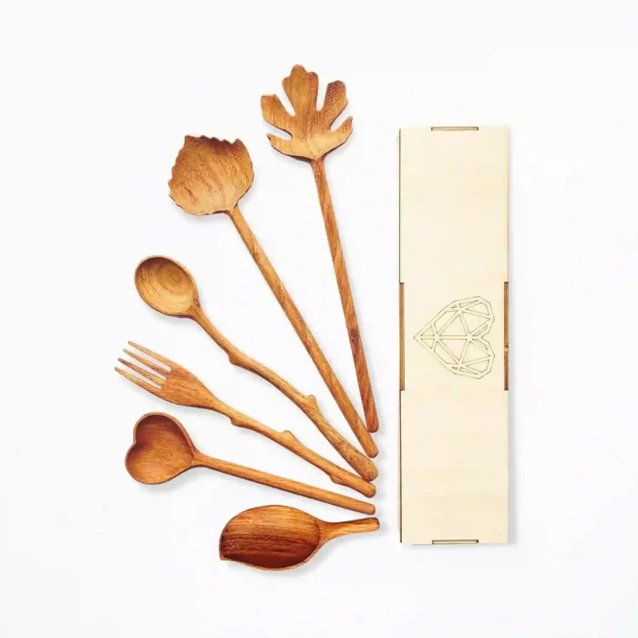 Natural Wooden Spoons and Forks Set - Handmade Cooking Utensils for Thanksgiving and Christmas Gifts