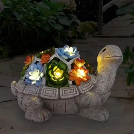 Nacome Solar Garden Turtle Statue with Succulents and LED Lights for Outdoor Decor