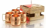 Pure Copper Hammered Mugs with Copper Straws and Wooden Coasters Gift Set – Set of 4, 16 oz.