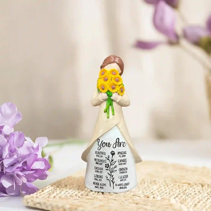 Inspirational hand-painted resin figurine with sunflower bouquet, perfect gift for her, 5.9-inch tabletop decoration