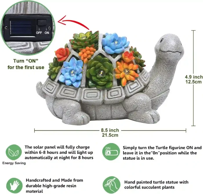 Nacome Solar Garden Turtle Statue with Succulents and LED Lights for Outdoor Decor