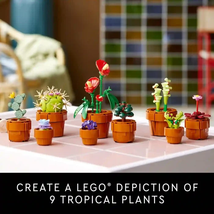 LEGO Icons Tiny Plants Building Set with 9 miniature plants in terracotta-colored pots, part of the Botanical Collection for adults