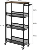 MOOACE Slim 4-Tier Rolling Storage Cart with Wooden Tabletop for Tight Spaces