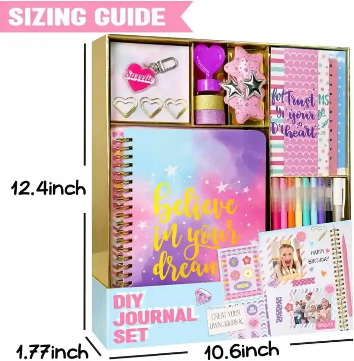 DIY Journal Kit for Girls with stickers, colorful pens, glitter tapes, and a 60-page spiral journal – perfect creative gift