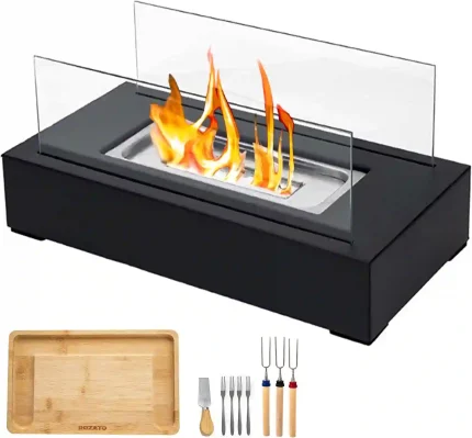 Portable Tabletop Fire Pit with S’mores Maker Kit and bamboo serving board for indoor or outdoor use