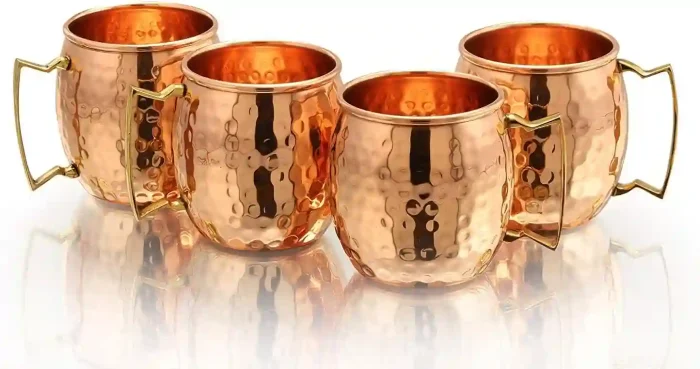 Pure Copper Hammered Mugs with Copper Straws and Wooden Coasters Gift Set – Set of 4, 16 oz.