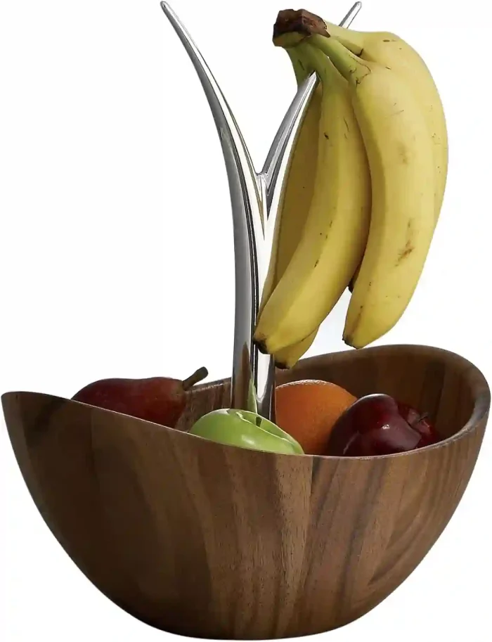 Nambe Fruit Tree Bowl - Acacia wood fruit basket with metal banana hanger, 12-inch decorative bowl for kitchen or table