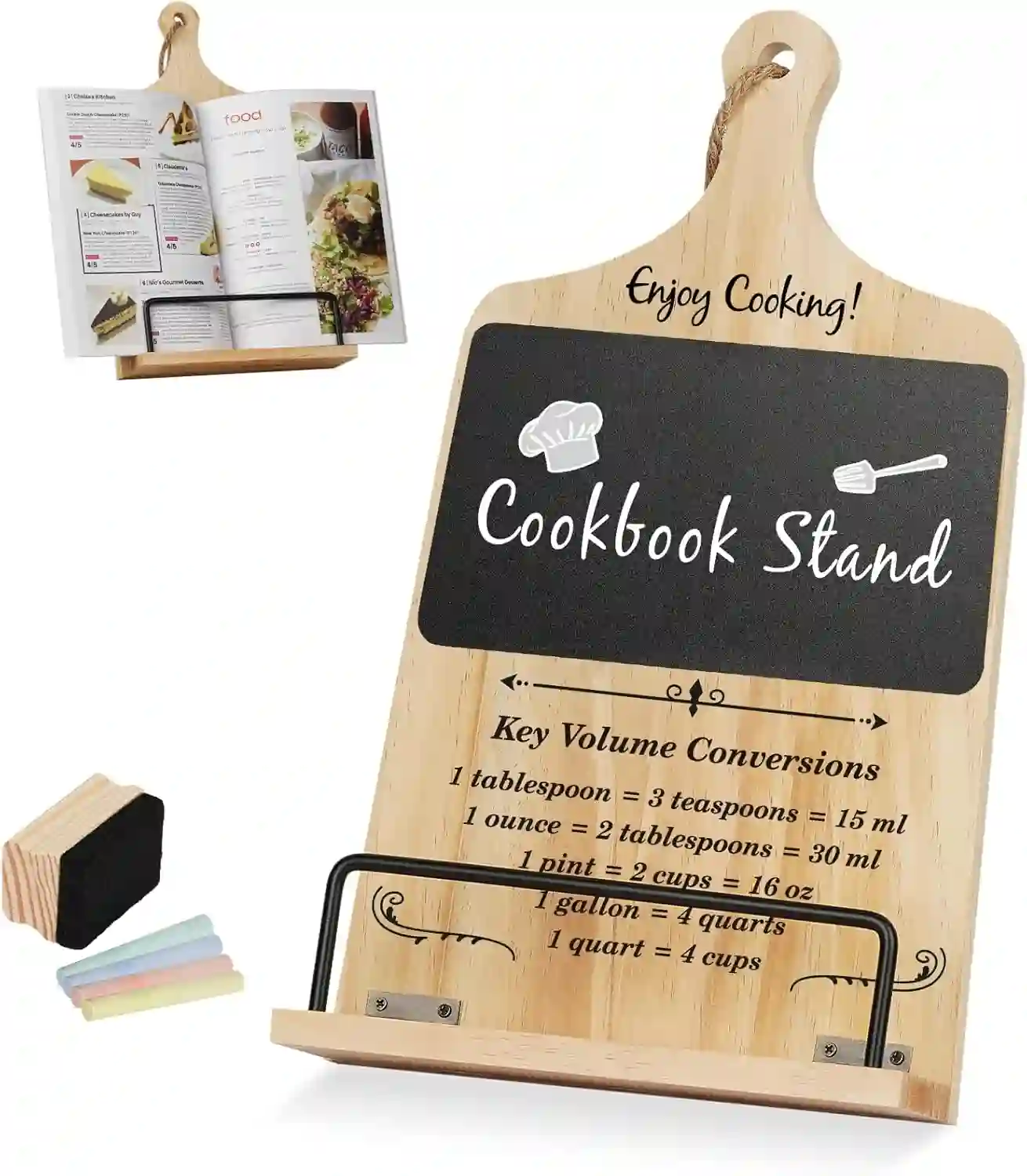 Recipe Book Holder Stand with Chalkboard for Women - Xmas Gift Idea Wooden Cookbook Stand with Chalkboard, Conversion Chart, and Adjustable Angle - Perfect Christmas Gift for Women and Kitchen Décor