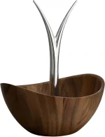 Nambe Fruit Tree Bowl - Acacia wood fruit basket with metal banana hanger, 12-inch decorative bowl for kitchen or table