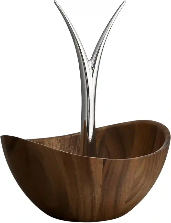 Nambe Fruit Tree Bowl - Acacia wood fruit basket with metal banana hanger, 12-inch decorative bowl for kitchen or table