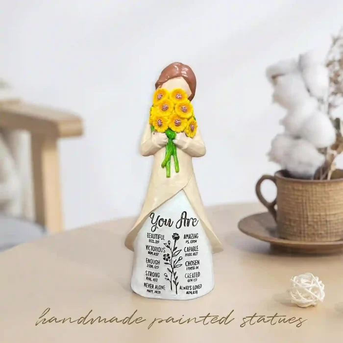 Inspirational hand-painted resin figurine with sunflower bouquet, perfect gift for her, 5.9-inch tabletop decoration