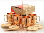 Pure Copper Hammered Mugs with Copper Straws and Wooden Coasters Gift Set – Set of 4, 16 oz.