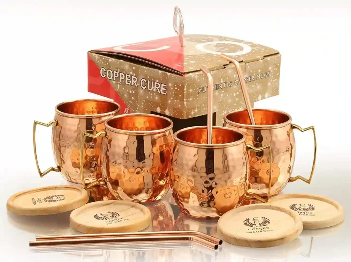 Pure Copper Hammered Mugs with Copper Straws and Wooden Coasters Gift Set – Set of 4, 16 oz.