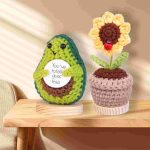 Handmade emotional support pickle cucumber gifts - Knitted avocado and sunflower with card and wooden base