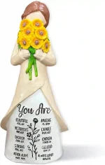 Inspirational hand-painted resin figurine with sunflower bouquet, perfect gift for her, 5.9-inch tabletop decoration