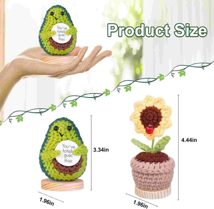 Handmade emotional support pickle cucumber gifts - Knitted avocado and sunflower with card and wooden base