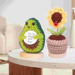 Handmade emotional support pickle cucumber gifts - Knitted avocado and sunflower with card and wooden base