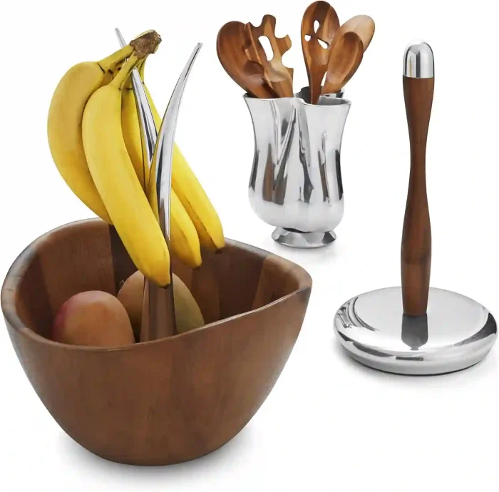 Nambe Fruit Tree Bowl - Acacia wood fruit basket with metal banana hanger, 12-inch decorative bowl for kitchen or table