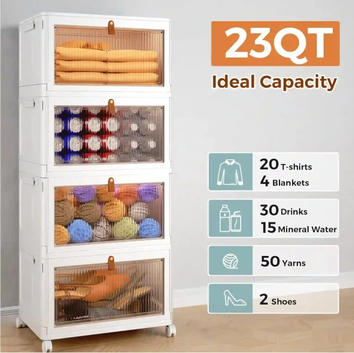 4-Tier Stackable Plastic Storage Bins with Wheels and Magnetic Doors