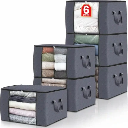 Foldable Clothes Storage Bags with Handles and Clear Windows – 6-Pack, Grey