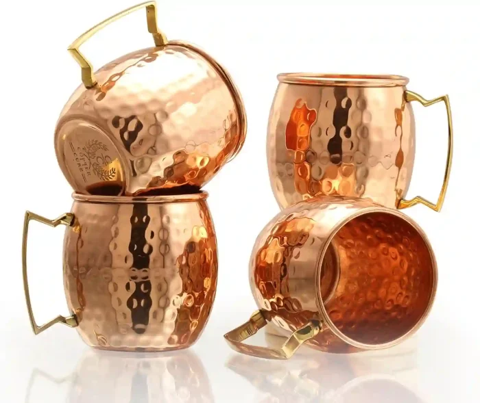 Pure Copper Hammered Mugs with Copper Straws and Wooden Coasters Gift Set – Set of 4, 16 oz.