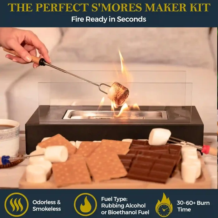 Portable Tabletop Fire Pit with S’mores Maker Kit and bamboo serving board for indoor or outdoor use