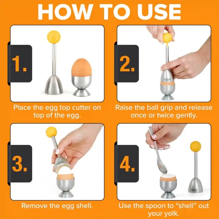 Eparé Egg Cups with stainless steel egg topper, spoons, egg holders, and a color-changing timer for soft boiled eggs