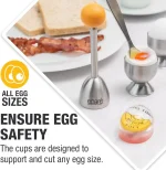 Eparé Egg Cups with stainless steel egg topper, spoons, egg holders, and a color-changing timer for soft boiled eggs