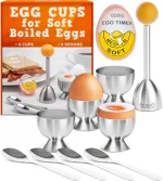 Eparé Egg Cups with stainless steel egg topper, spoons, egg holders, and a color-changing timer for soft boiled eggs