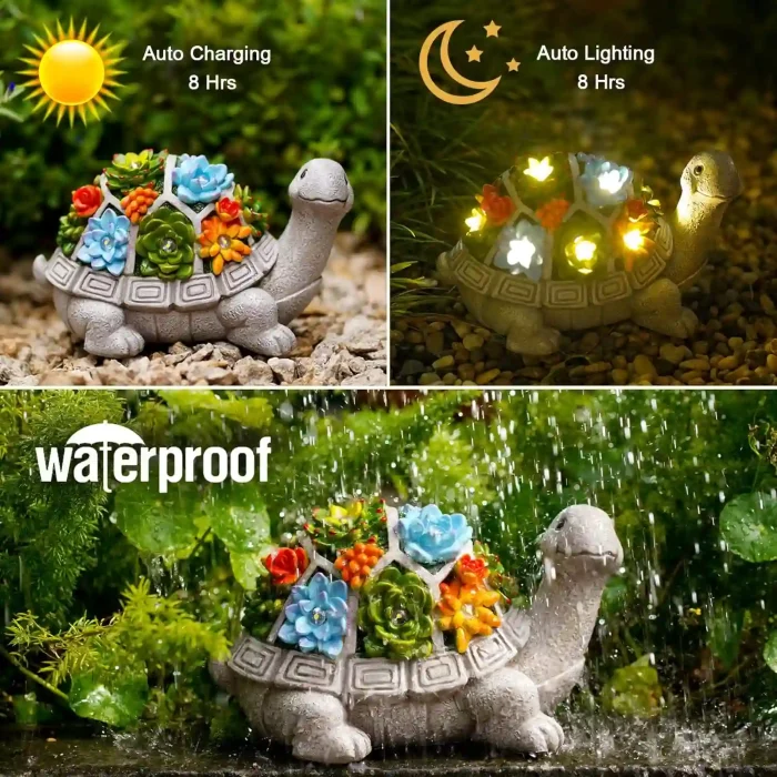 Nacome Solar Garden Turtle Statue with Succulents and LED Lights for Outdoor Decor