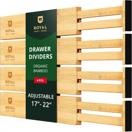 Adjustable bamboo drawer dividers for kitchen, bedroom, and dresser organization, expandable and durable for 17"-22" drawers.