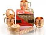 Pure Copper Hammered Mugs with Copper Straws and Wooden Coasters Gift Set – Set of 4, 16 oz.