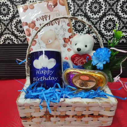 Happy Birthday Gift Basket with Mug, Teddy Bear, Rose Chocolate, and Greeting Card