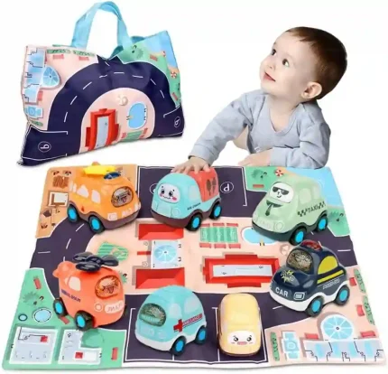 Soft Car Toy Set with 9 Plush Vehicles and Play Mat for Toddlers