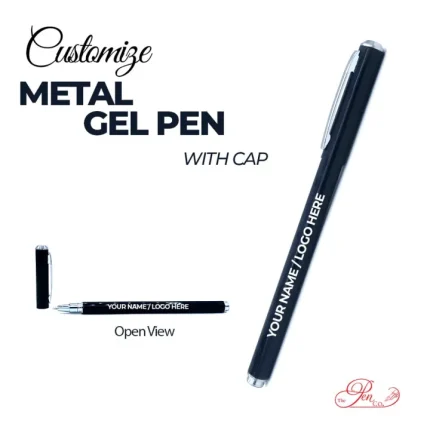 Customizable premium metal gel pen with cap, packaged in a white card box