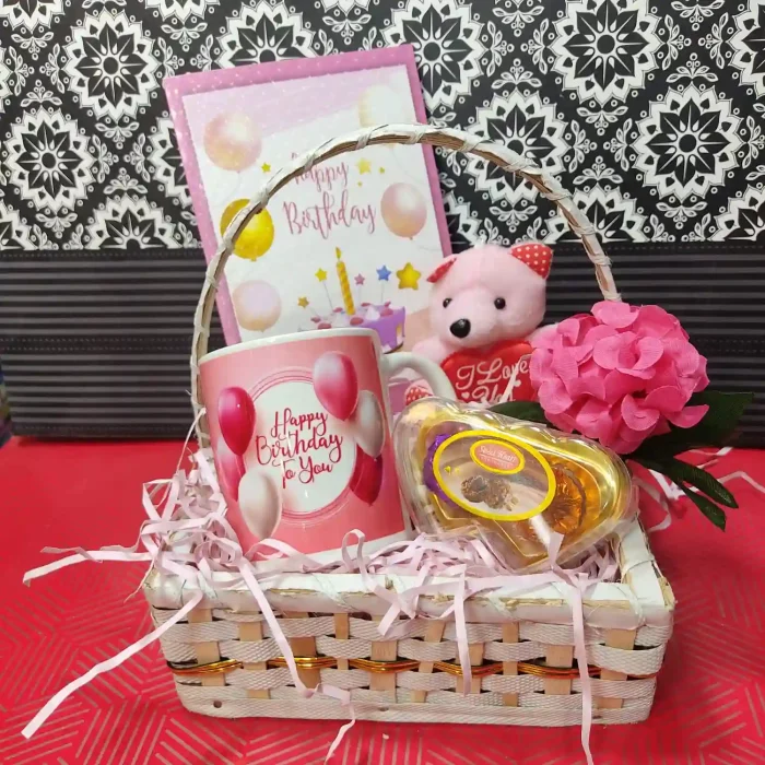 Happy Birthday Gift Basket with Mug, Teddy Bear, Rose Chocolate, and Greeting Card