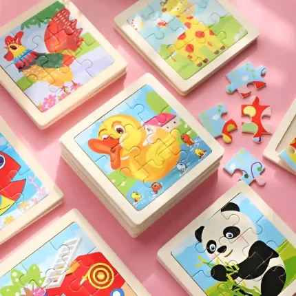 Children’s wooden jigsaw puzzle with 9 colorful cartoon animal pieces, ideal for ages 2 to 6