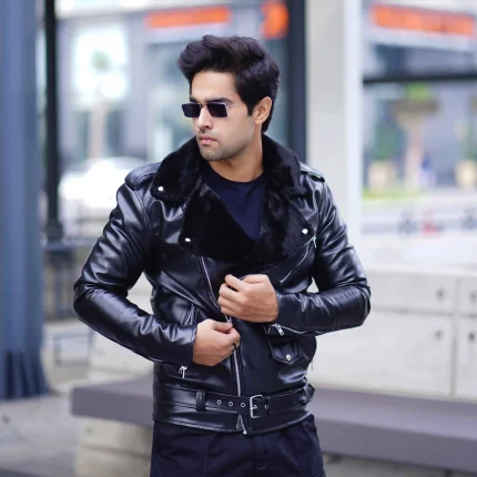 Men's Black Faux Leather Biker Jacket with Fur by Coder Stitch