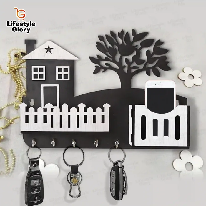 Sweet Home wooden key holder with 7 steel hooks, mobile stand, and wall-mounted design.