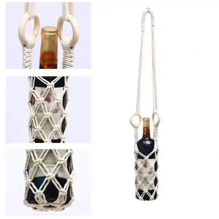 Handwoven bohemian-style water bottle net bag made of durable cotton rope, ideal for carrying bottles or coffee cups.