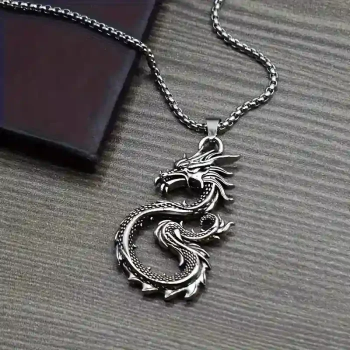 Antique silver-plated dragon pendant necklace for men, durable and stylish jewelry accessory