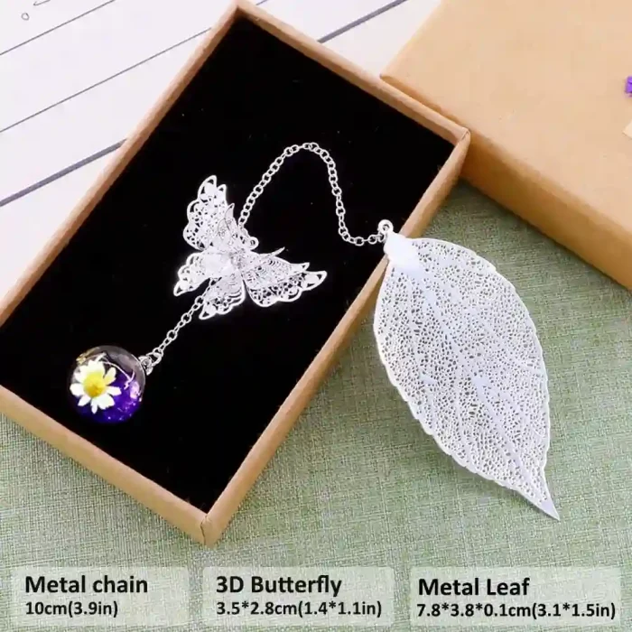 Gold and silver butterfly metal bookmark with leaf design