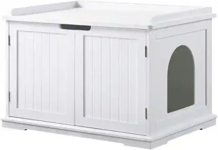 unipaws Cat Litter Box Enclosure Furniture in White, Stylish Cabinet for Hidden Litter Box and Cat Privacy