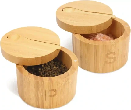 HTB Bamboo Salt and Pepper Cellar Set with Magnetic Swivel Lids and Spoon