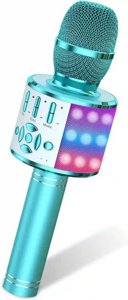 Amazmic Kids Karaoke Microphone Toy with Bluetooth, LED Lights, and Voice Changer for Ages 3-12 (Blue)