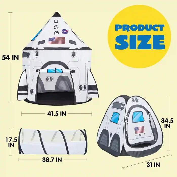 JOYIN White Rocket Ship Pop-Up Play Tent with Tunnel and Cube for Kids