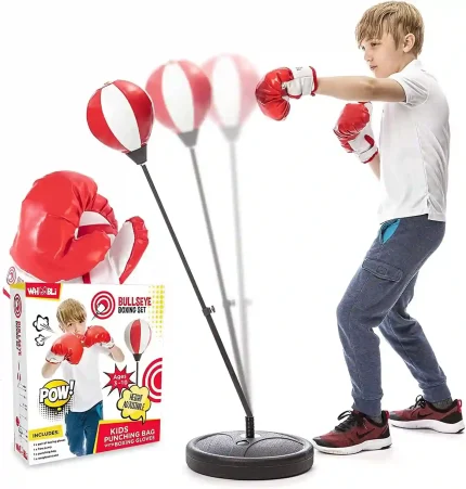 Whoobli Kids Punching Bag with Gloves – Adjustable Red & White Boxing Set for Ages 3-10