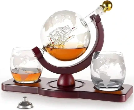 Whiskey Decanter Globe Set with Glasses on Stained Wood Tray