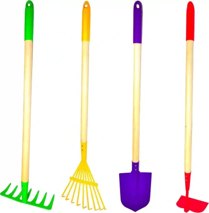 JustForKids 4-Piece Garden Tool Set with Shovel, Rake, Hoe, and Leaf Rake for Kids