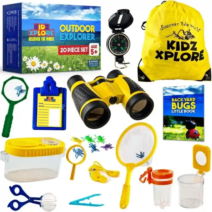 Kidz Xplore Outdoor Explorer Set – 20-Piece Adventure Kit with Binoculars, Compass, and Bug Catching Tools